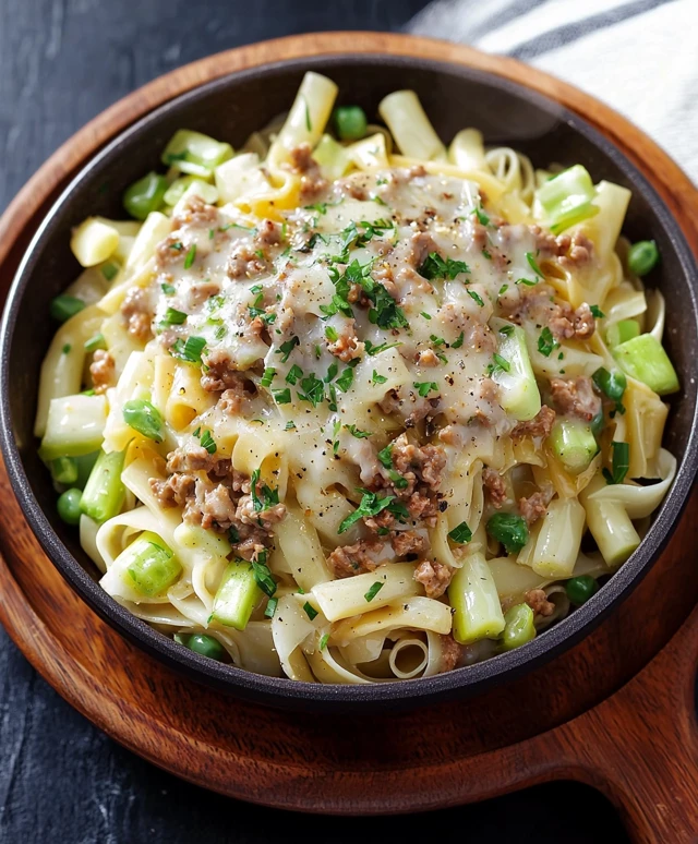 Porree-Hack-Pfanne mit Nudeln