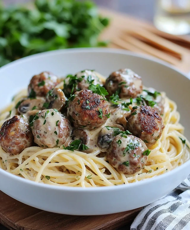 Spaghetti mit Pilzsoße und Hackbällchen