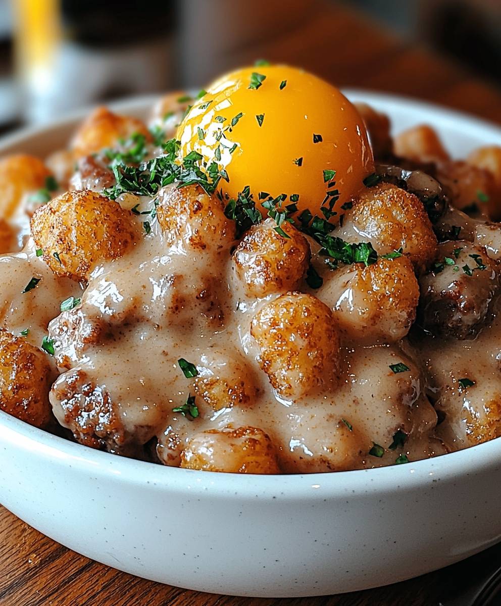 Tater Tot Frühstücksbowl Wurstsoße