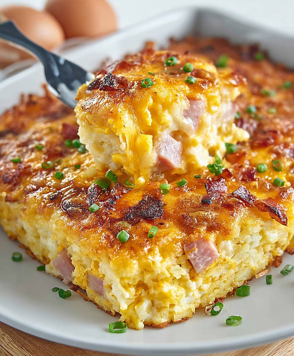 Käsiger Hashbrown Frühstücksauflauf Schinken