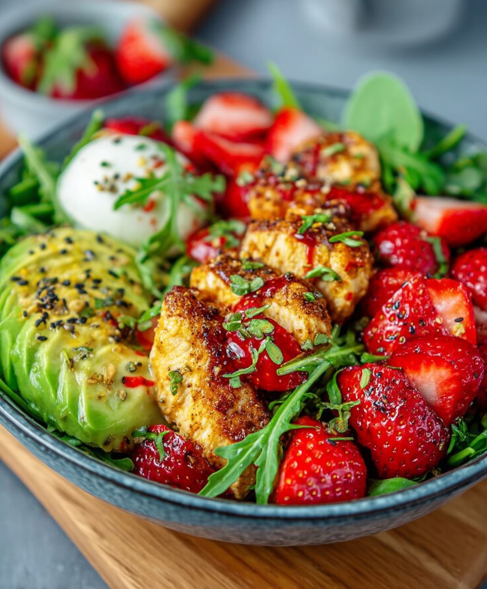 Erdbeer Hähnchen Salat Avocado Burrata