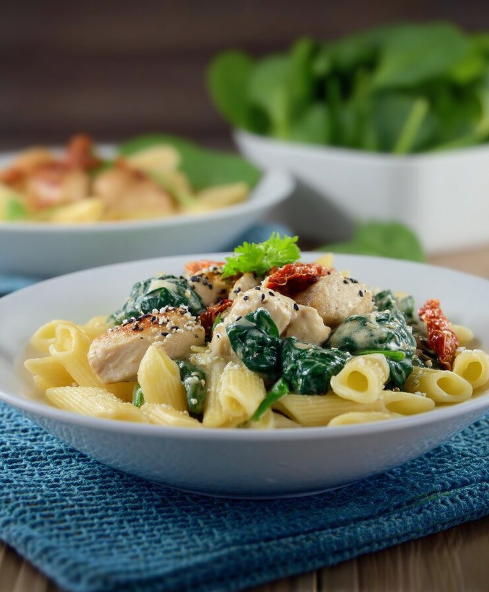 Hähnchen Pasta Alfredo Spinat